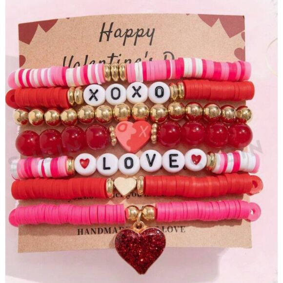 Kawaii 7pcs/Set Fashionable Sweet & Cute Heart Shaped Pendant & Beaded Bracelet - Picture 1 of 5